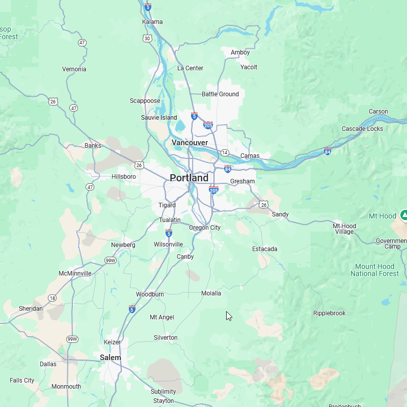 Map highlighting Good Ol Clean's eco-friendly cleaning service areas, including Portland Metro, Willamette Valley, and surrounding counties such as Multnomah, Clackamas, Yamhill, Marion, and Columbia, showcasing coverage from Vancouver to Salem and Hood River to Banks.